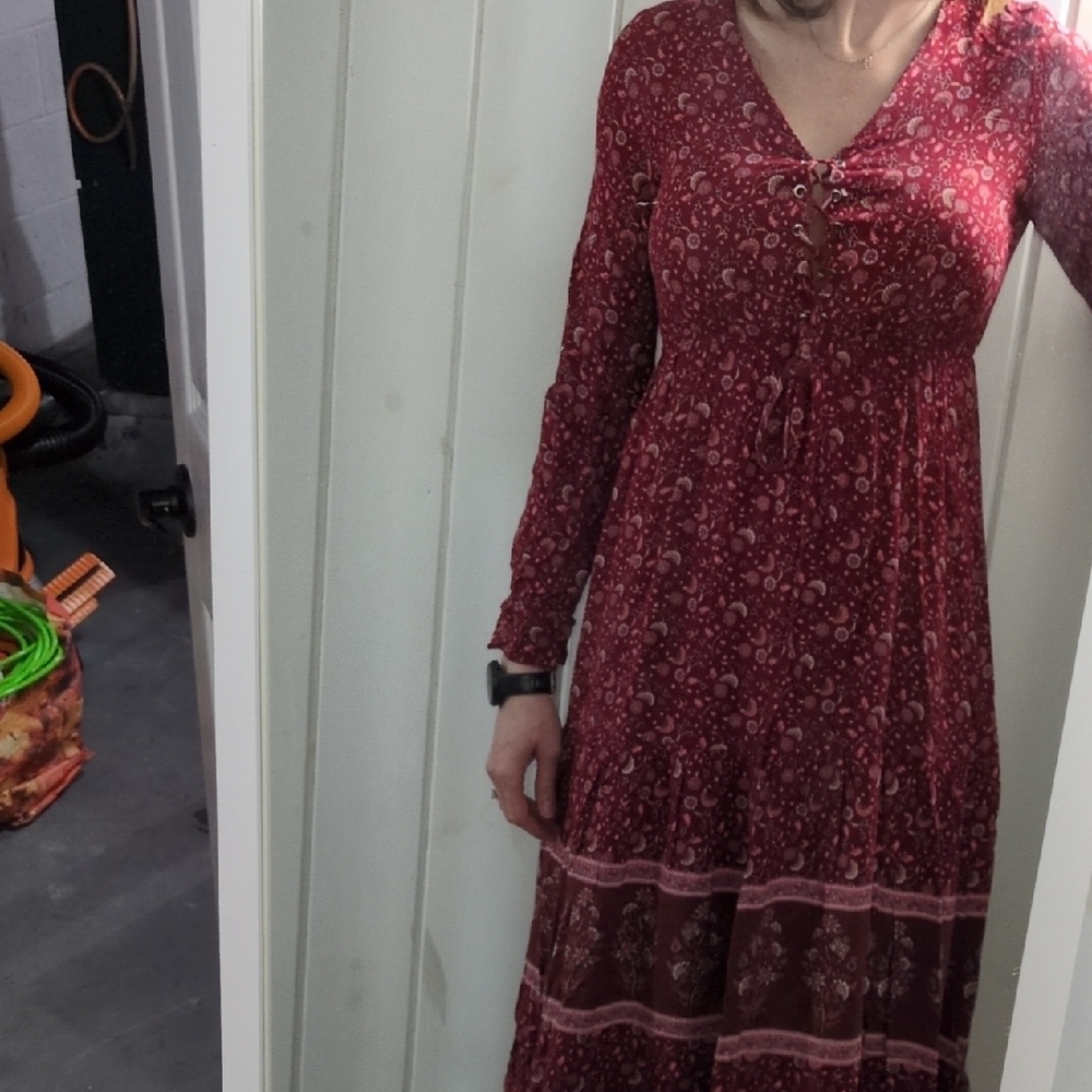 Front Lace Up Long Sleeve Tiered allover Boho Red Floral Women's Maxi Dress S - Picture 8 of 9
